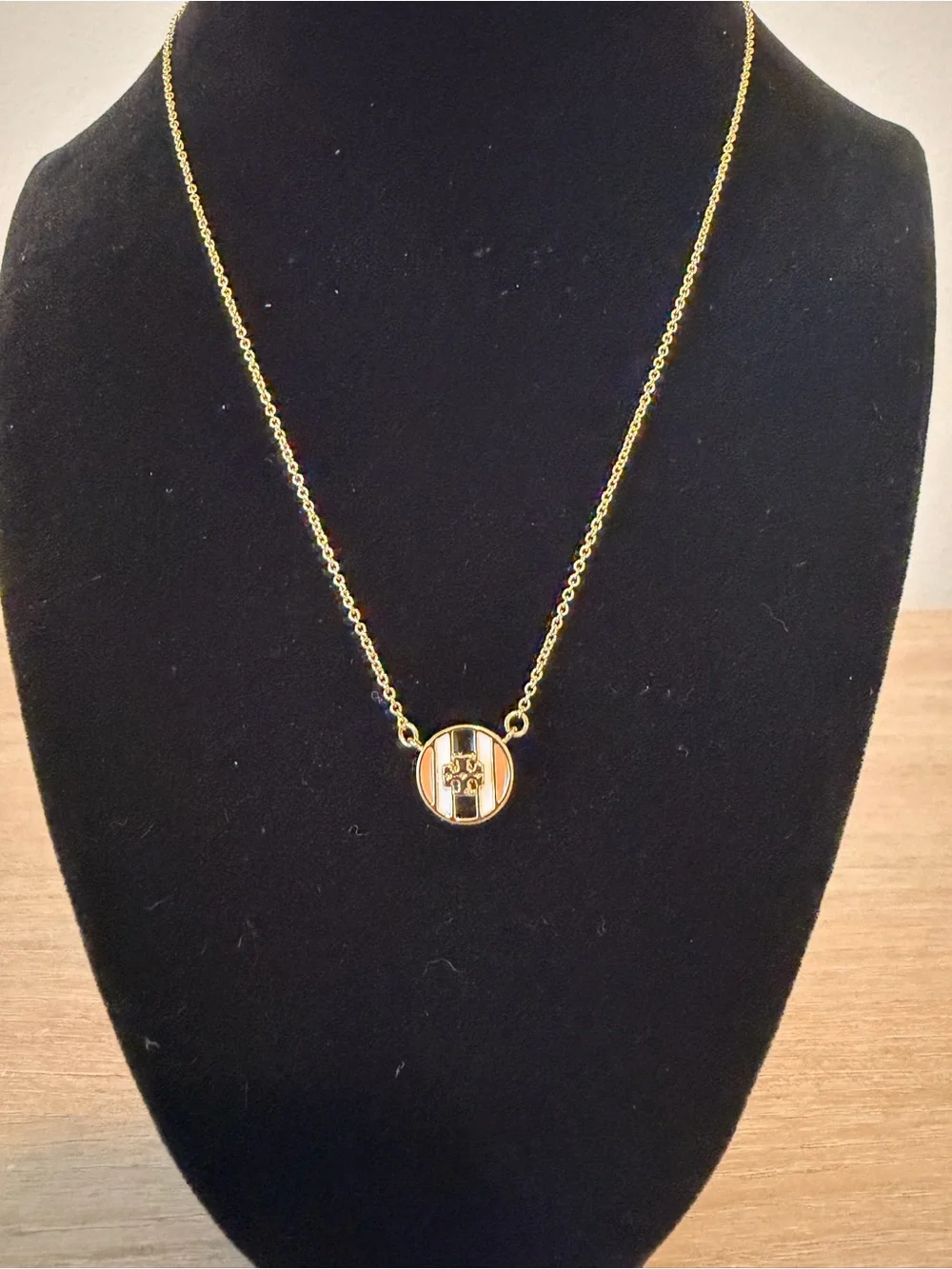 Tory Burch Gold Tone Black Ivory Enamel Logo Pendant Necklace 16” new